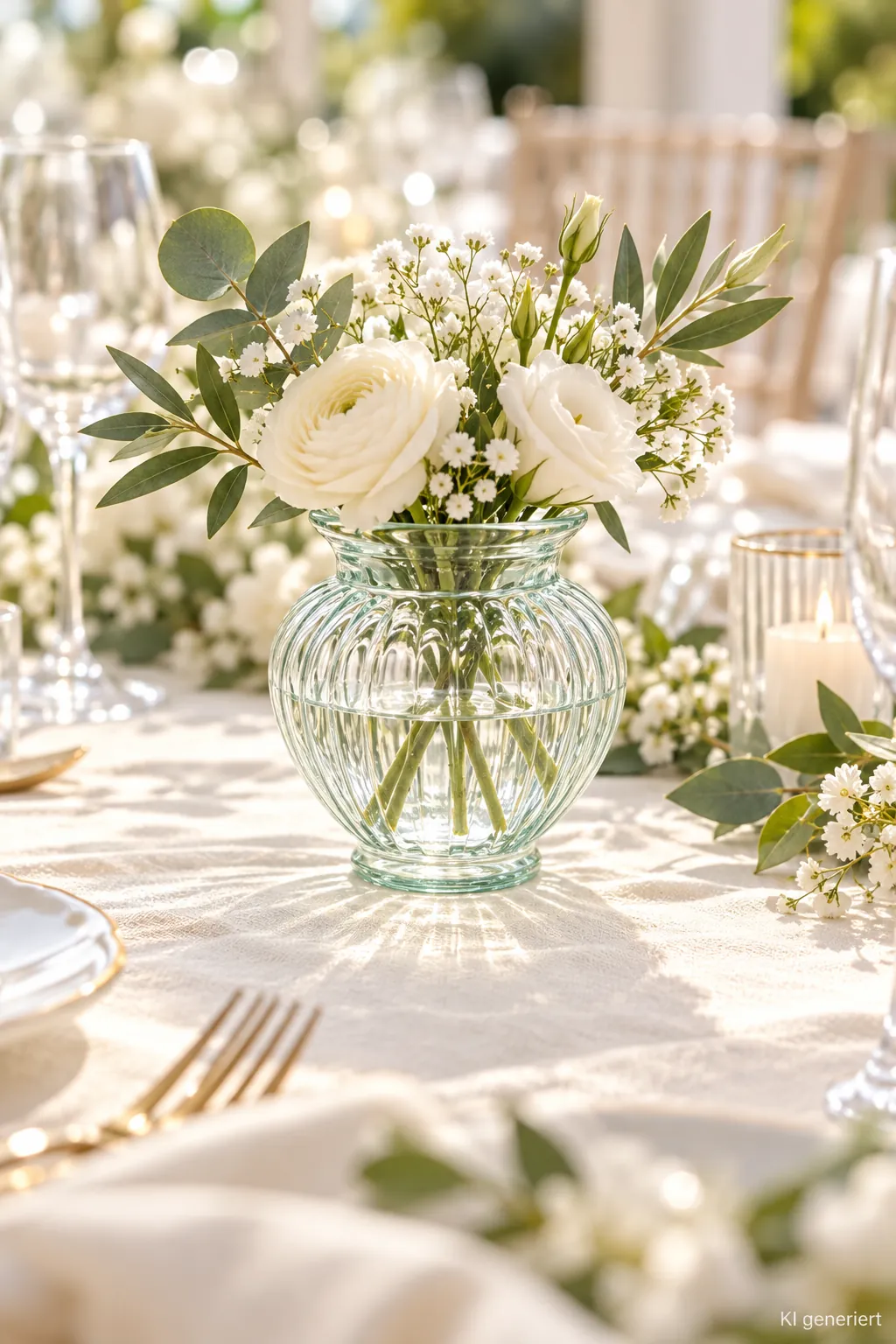 Vase geriffeltes Klarglas auf einer gedeckten Hochzeitstafel bei Tageslicht (KI-generierte Szene)