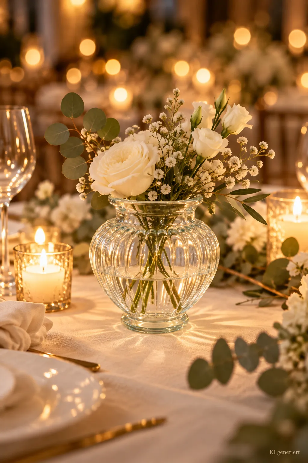 Vase geriffeltes Klarglas auf einer festlichen Tafel im Kerzenlicht am Abend (KI-generierte Szene)
