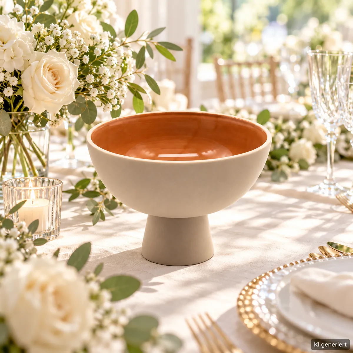 Vasenschale beige auf einer gedeckten Hochzeitstafel bei Tageslicht (KI-generierte Szene)