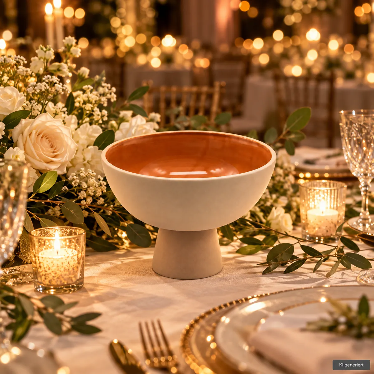 Vasenschale beige auf einer festlichen Tafel im Kerzenlicht am Abend (KI-generierte Szene)