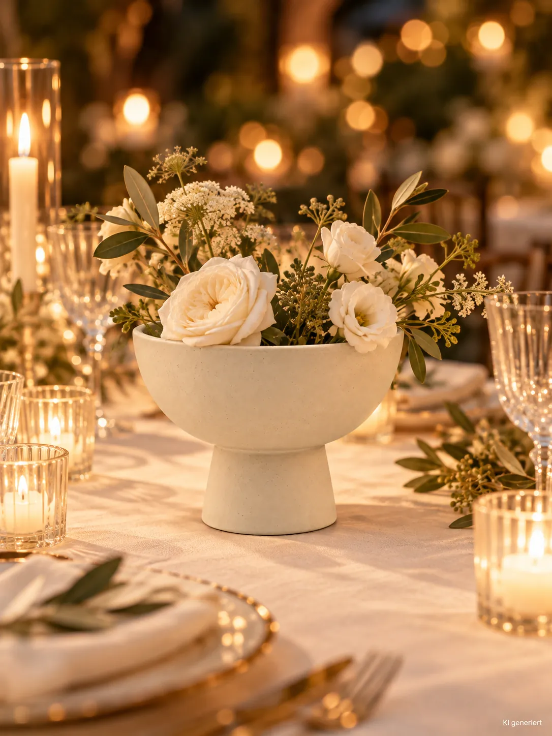 Vasenschale weiß auf einer festlichen Tafel im Kerzenlicht am Abend (KI-generierte Szene)