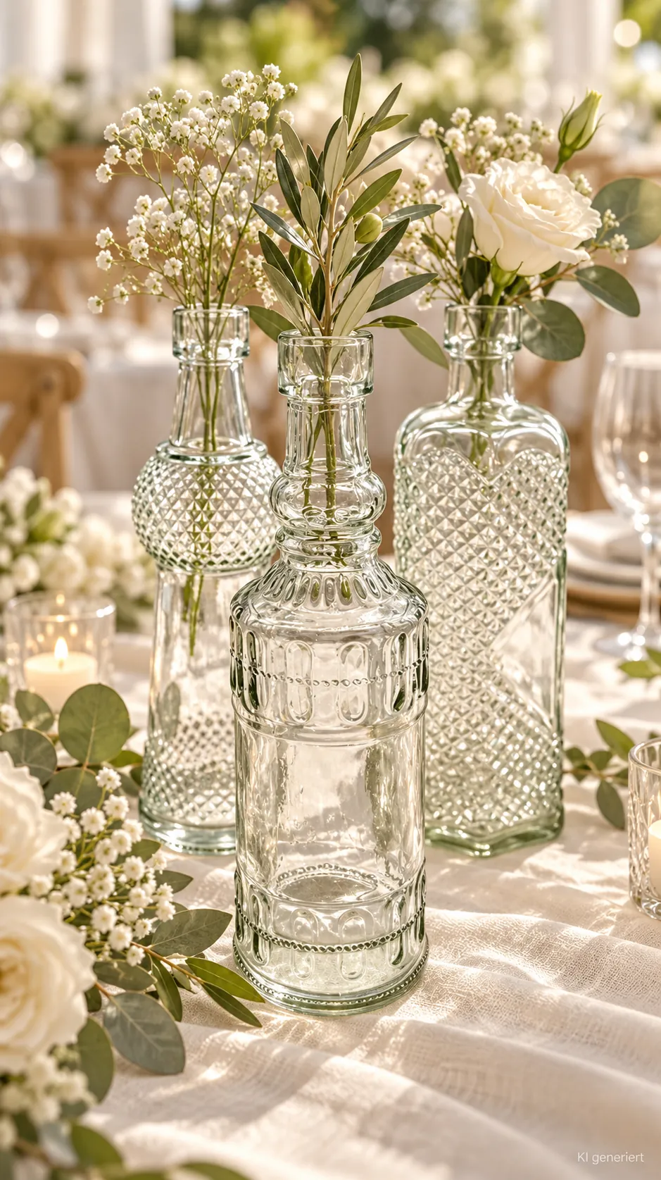 Vintage-Vasen Glas, 3er Set auf einer gedeckten Hochzeitstafel bei Tageslicht (KI-generierte Szene)