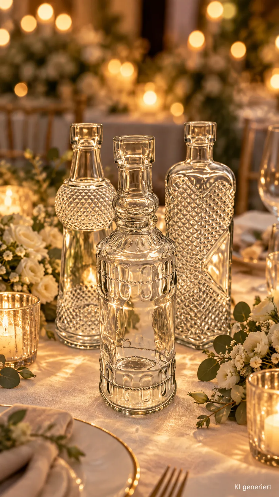 Vintage-Vasen Glas, 3er Set auf einer festlichen Tafel im Kerzenlicht am Abend (KI-generierte Szene)