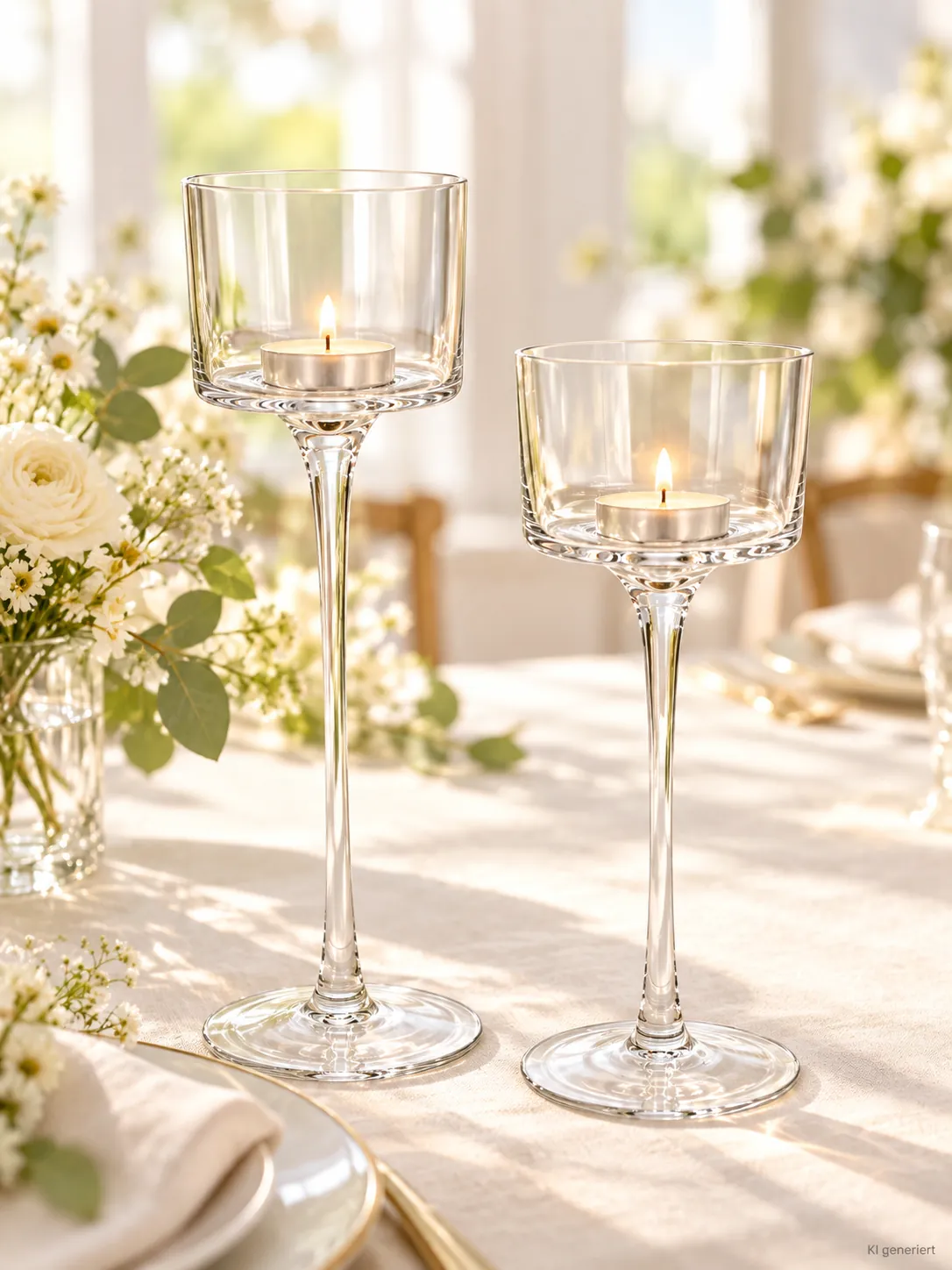 Glas-Kerzenhalter für Schwimmkerzen auf einer gedeckten Hochzeitstafel bei Tageslicht (KI-generierte Szene)