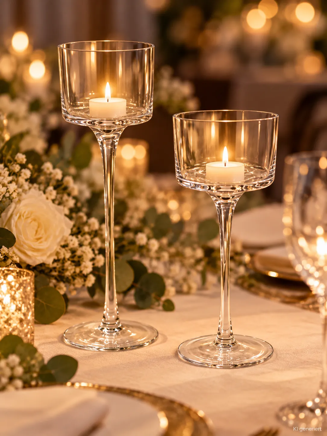 Glas-Kerzenhalter für Schwimmkerzen auf einer festlichen Tafel im Kerzenlicht am Abend (KI-generierte Szene)
