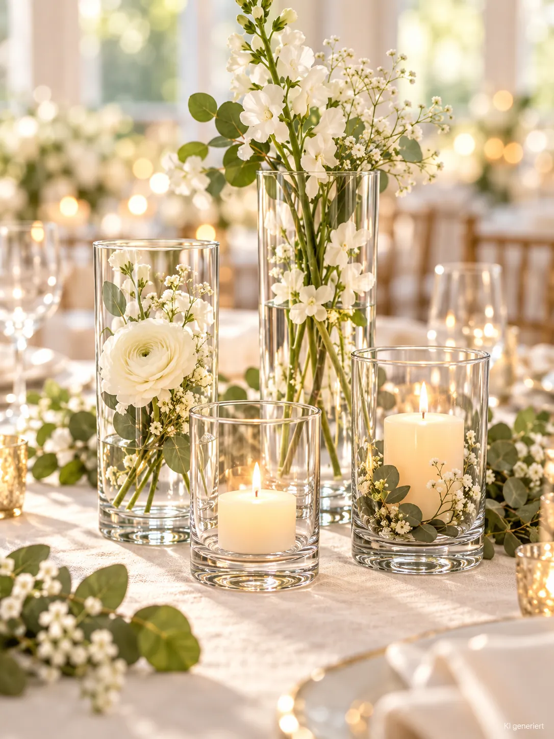 Zylindervasen Glas, 4er Set auf einer gedeckten Hochzeitstafel bei Tageslicht (KI-generierte Szene)