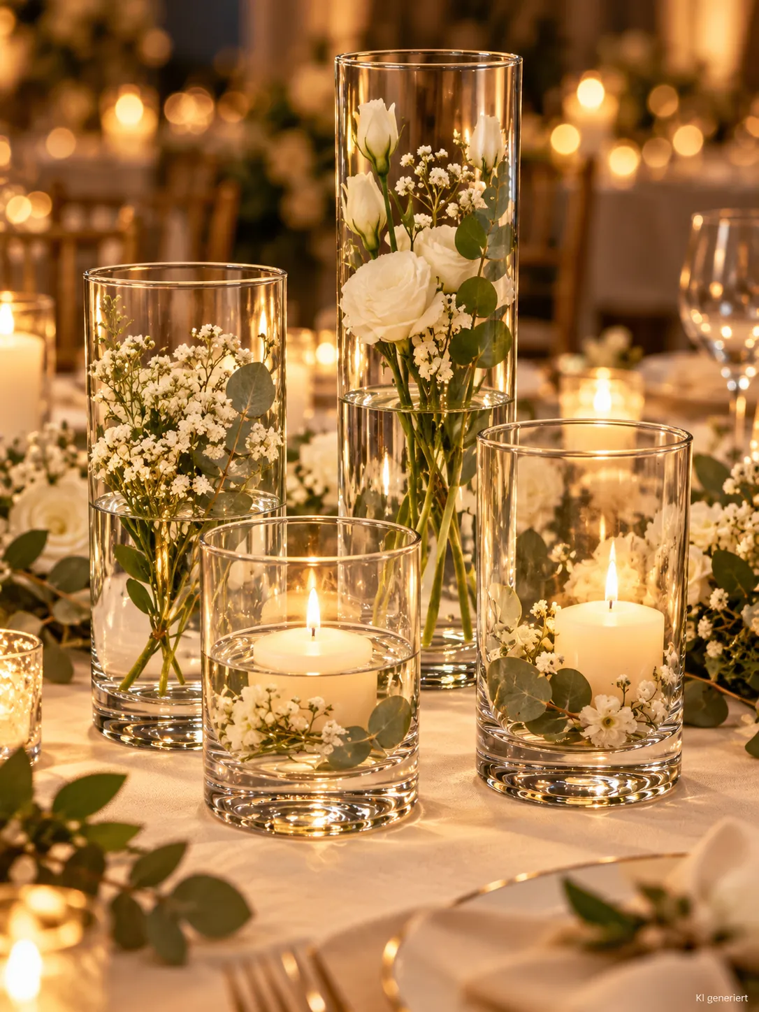Zylindervasen Glas, 4er Set auf einer festlichen Tafel im Kerzenlicht am Abend (KI-generierte Szene)